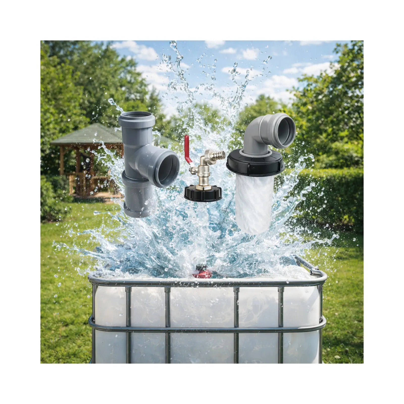 IBC-Tank mit aufgesetzten Anschlussrohren im Garten